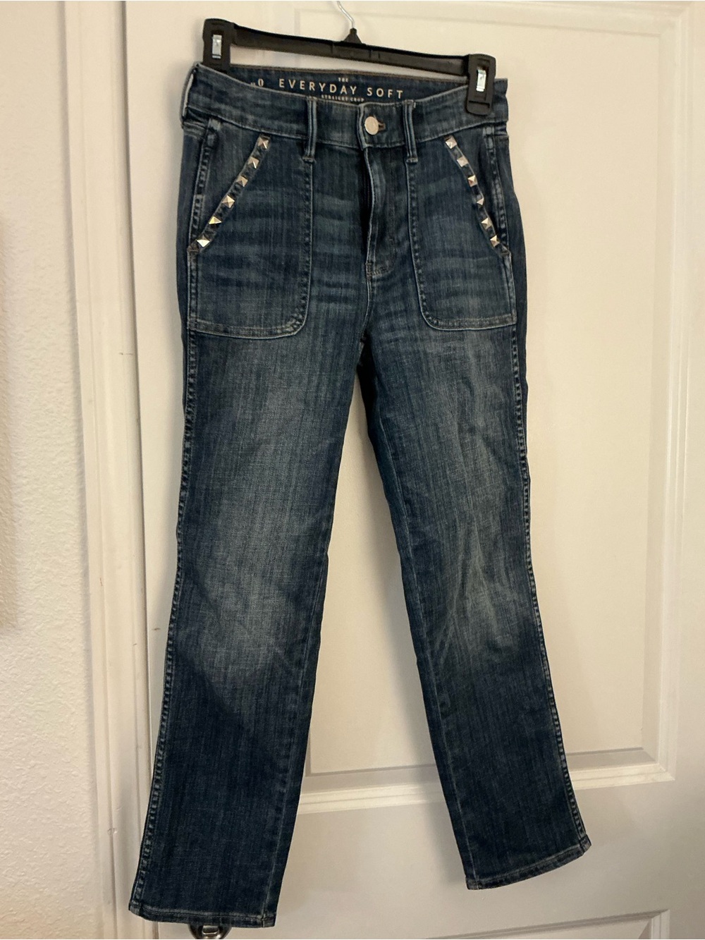 White House Black Market Dark Blue Straight-Leg Jeans with Stud Trim 0